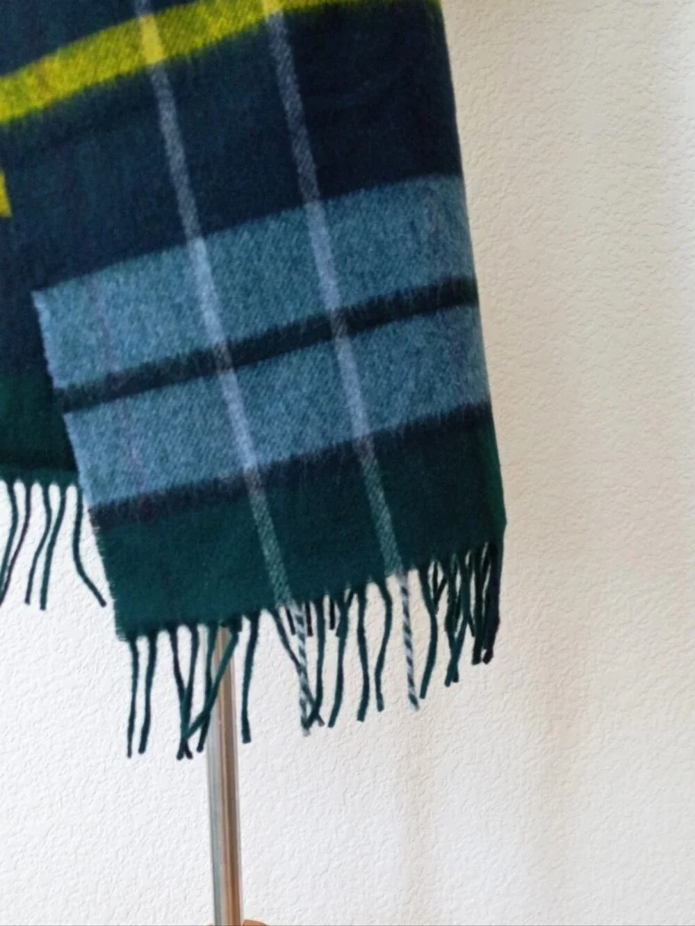 MOON for J. Crew wool plaid scarf in deep green and navy with yellow stripe high